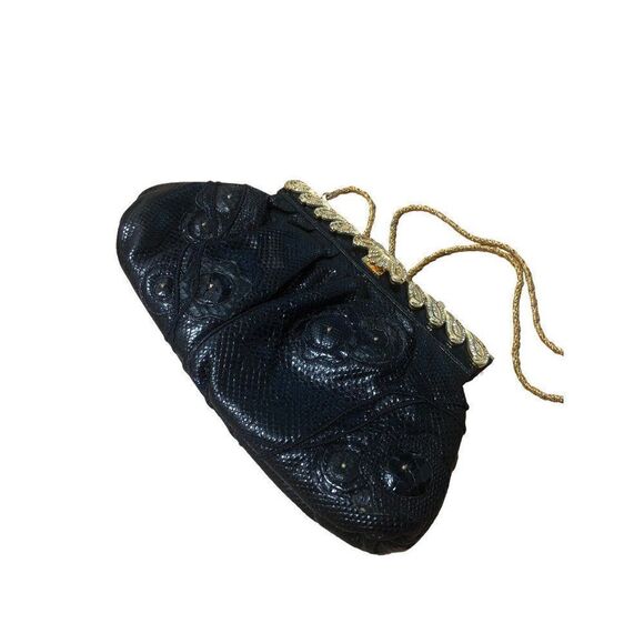 Vintage Carlo Fiori Clutch Rhinestones Leather Python Gold Chain - Picture 8 of 9